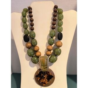 Vintage Chicos Chunky Beaded Necklace Tortoise Pendant Multi Strand Wood Accent